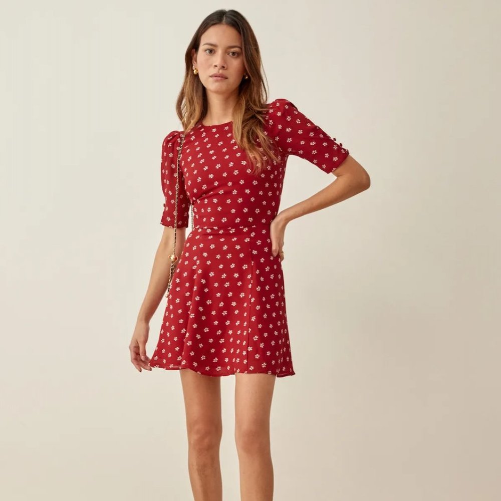 Reformation Red Bard Floral-Print Crepe Mini Dress